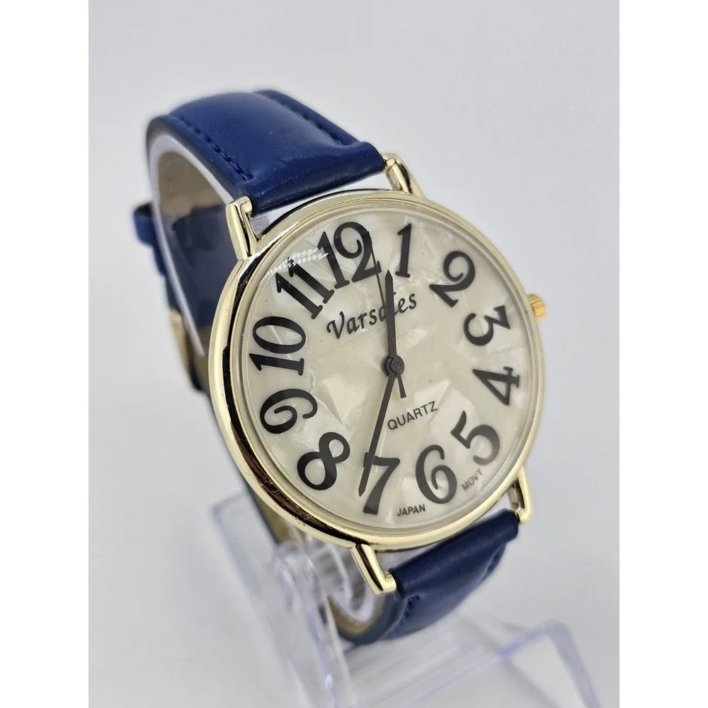 Versales Women's Watch 44MM Cream‎ Dial Blue Faux Leather Bands NEW Battery